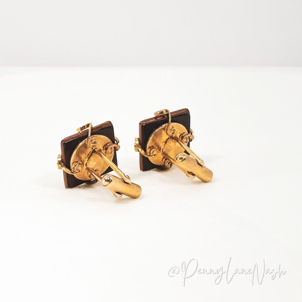 Vintage Brown Square Geometric Cuff Links in Gold Plated - Picture 4 of 6